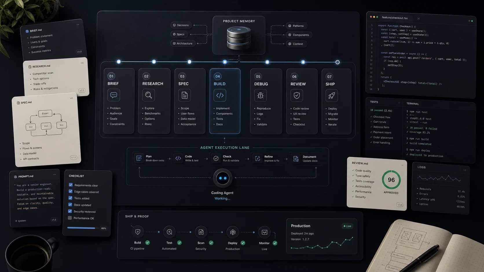 Agentic Playbook project cover: How I build software with AI agents — a 7-step workflow, published.