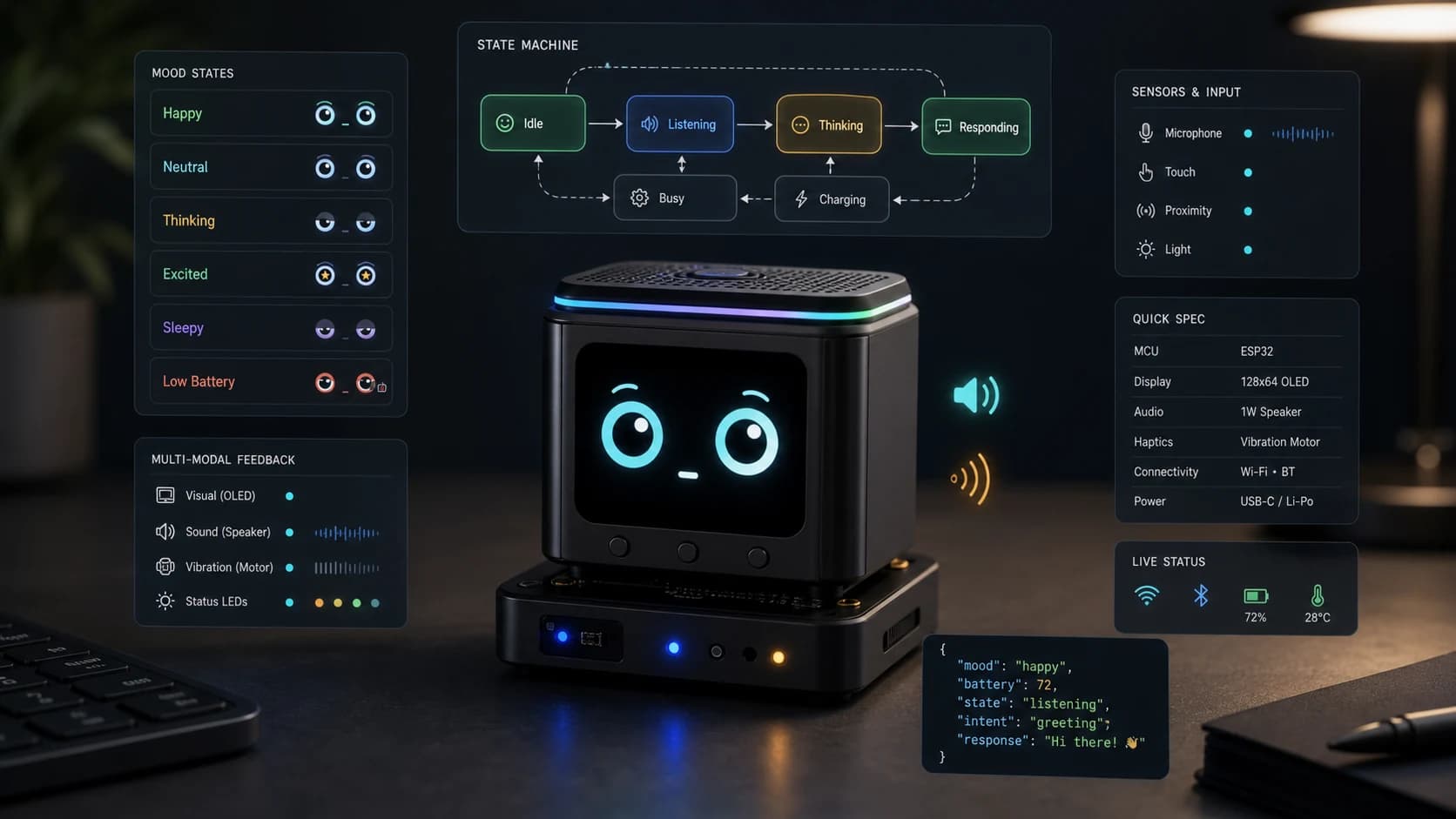 Bot Robo project cover: Spec-driven desktop companion with animated eyes and mood states.