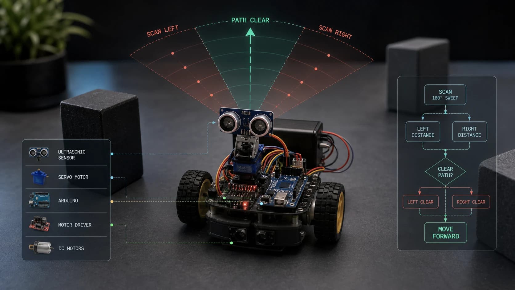 Obstacle-Avoiding Robot project cover: College-era autonomous robot with ultrasonic sensors and servo motors.
